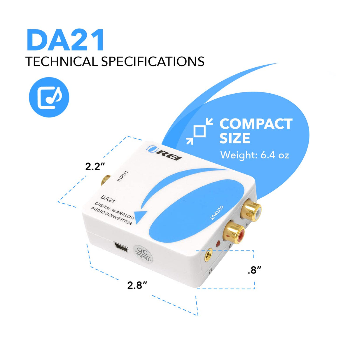 OREI DA21 optical and coaxial input close-up for reliable digital reception