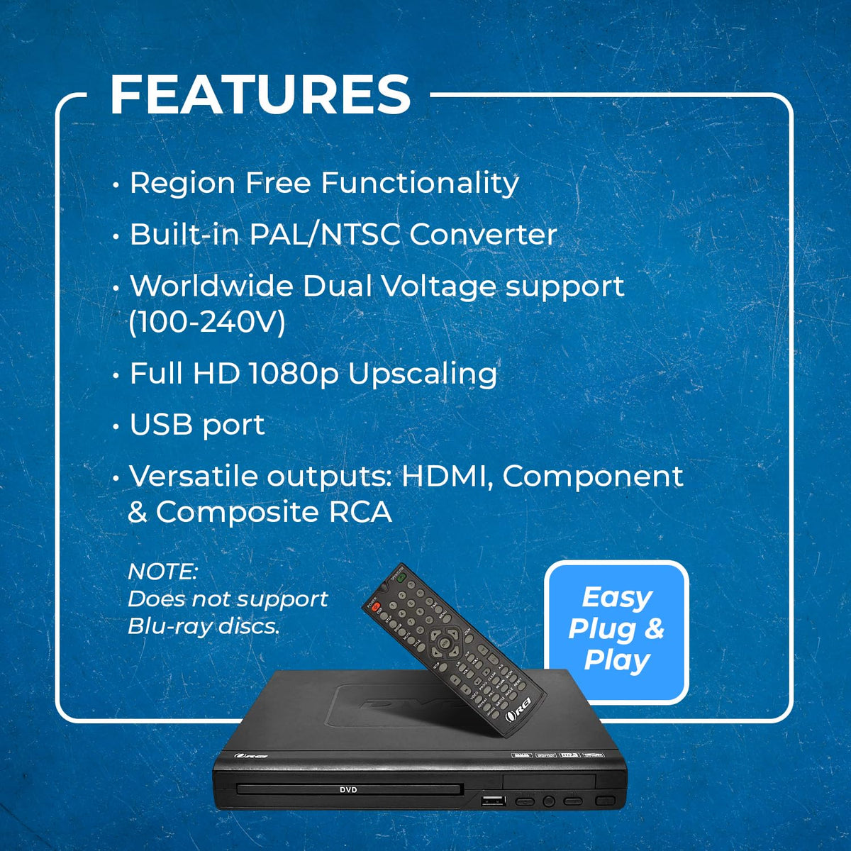OREI DVD player package includes remote, AV cable, and quick manual.