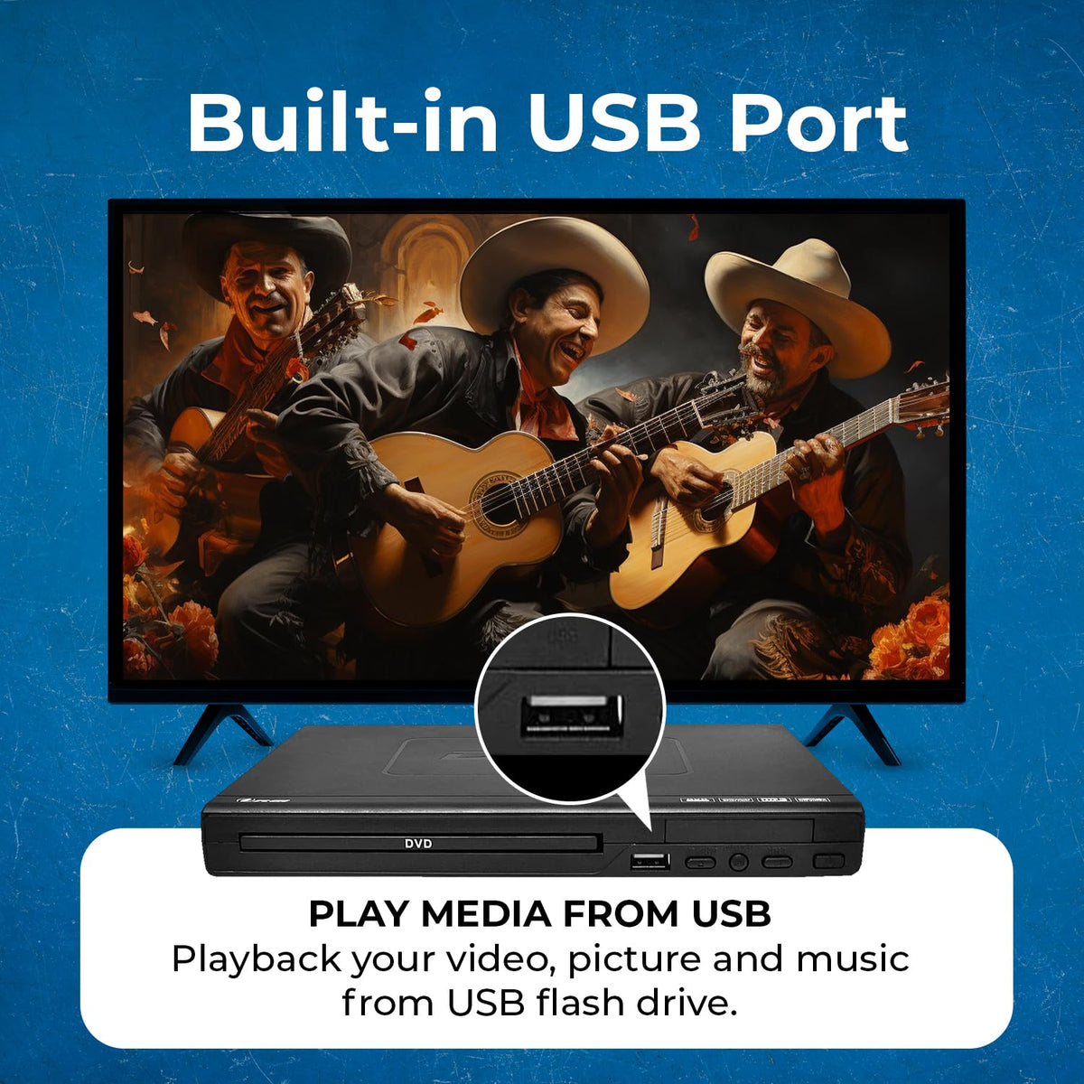 OREI DVD player built-in USB port for media playback from USB drives.