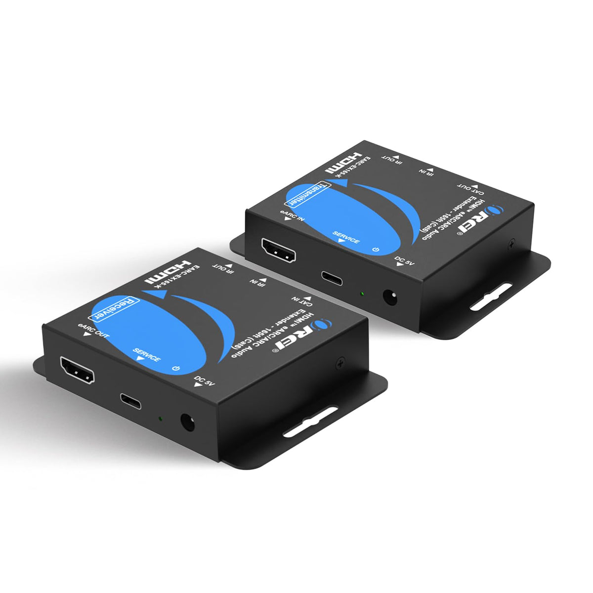 OREI sender and receiver front view showing compact units and ports, simplifies setup