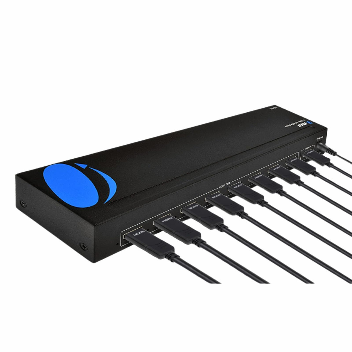 OREI front view of HDMI splitter showing ports and compact design, improving installation ease