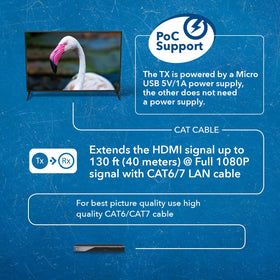 OREI HDMI over CAT6 supports Dolby Digital, DTS, and PCM 7.1 audio.