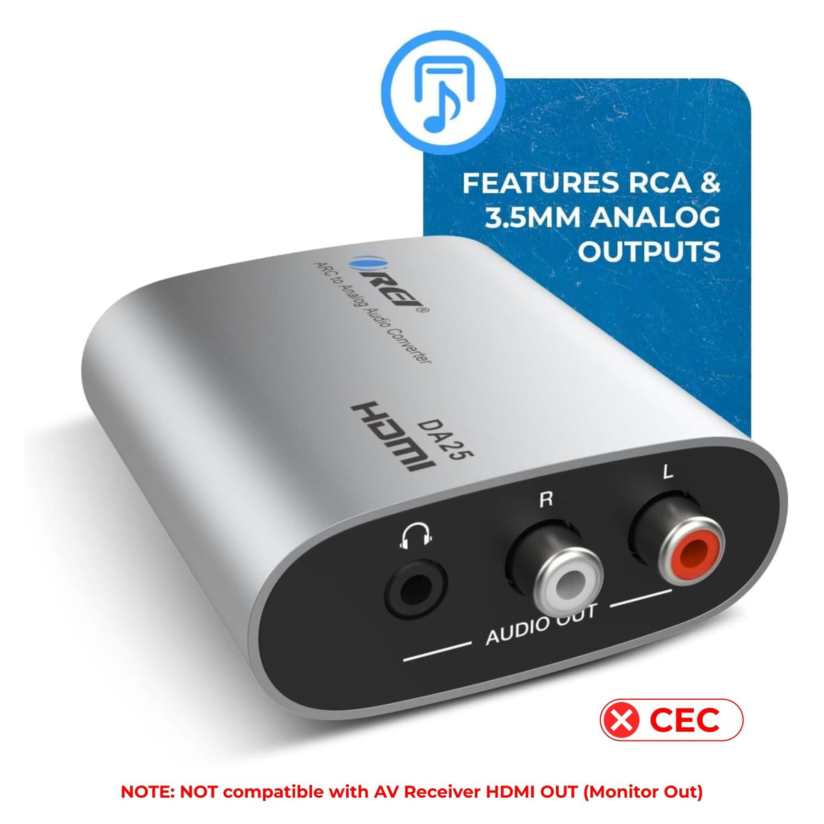OREI ARC converter with front 3.5mm and RCA outputs visible