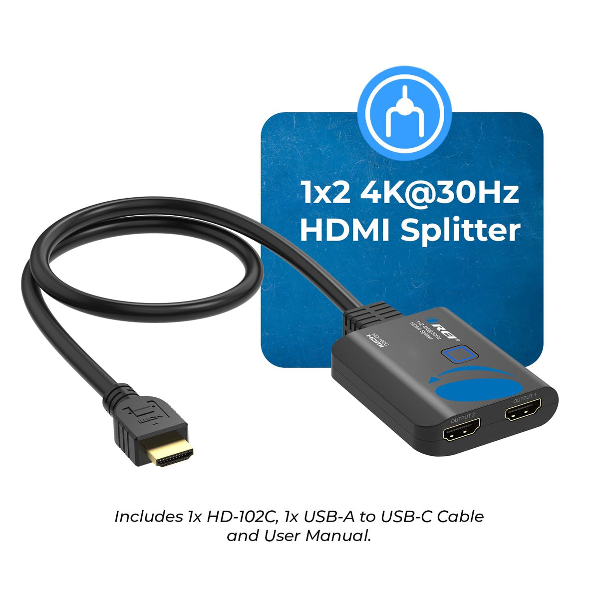 OREI HDMI splitter package displayed with manual and accessories