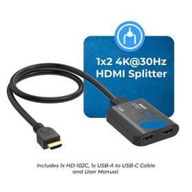 OREI HDMI splitter package displayed with manual and accessories