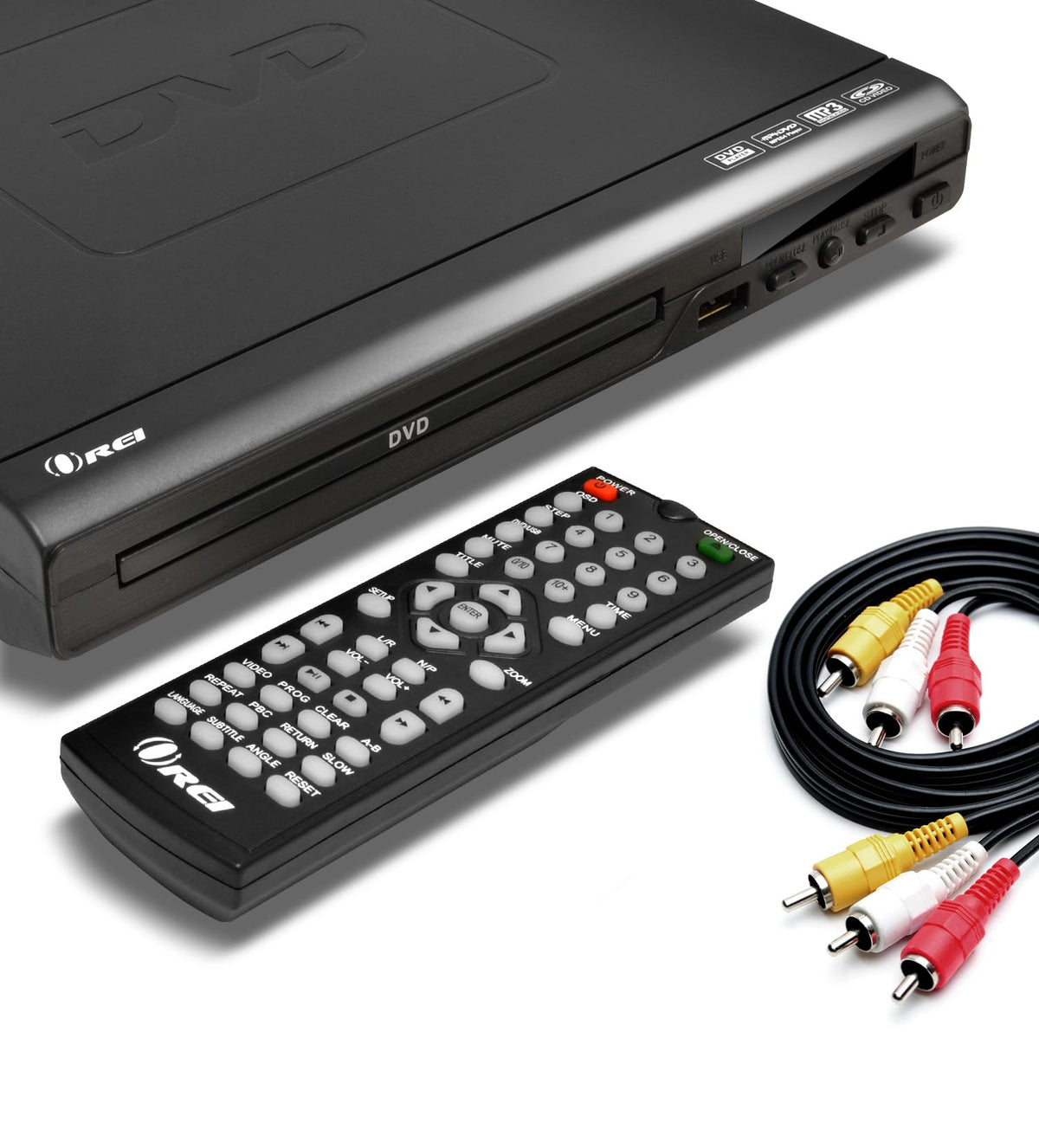 OREI region-free DVD player front view, compact design ideal for small spaces.