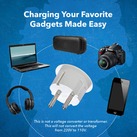 OREI Schuko outlet compatibility for laptop and camera chargers.