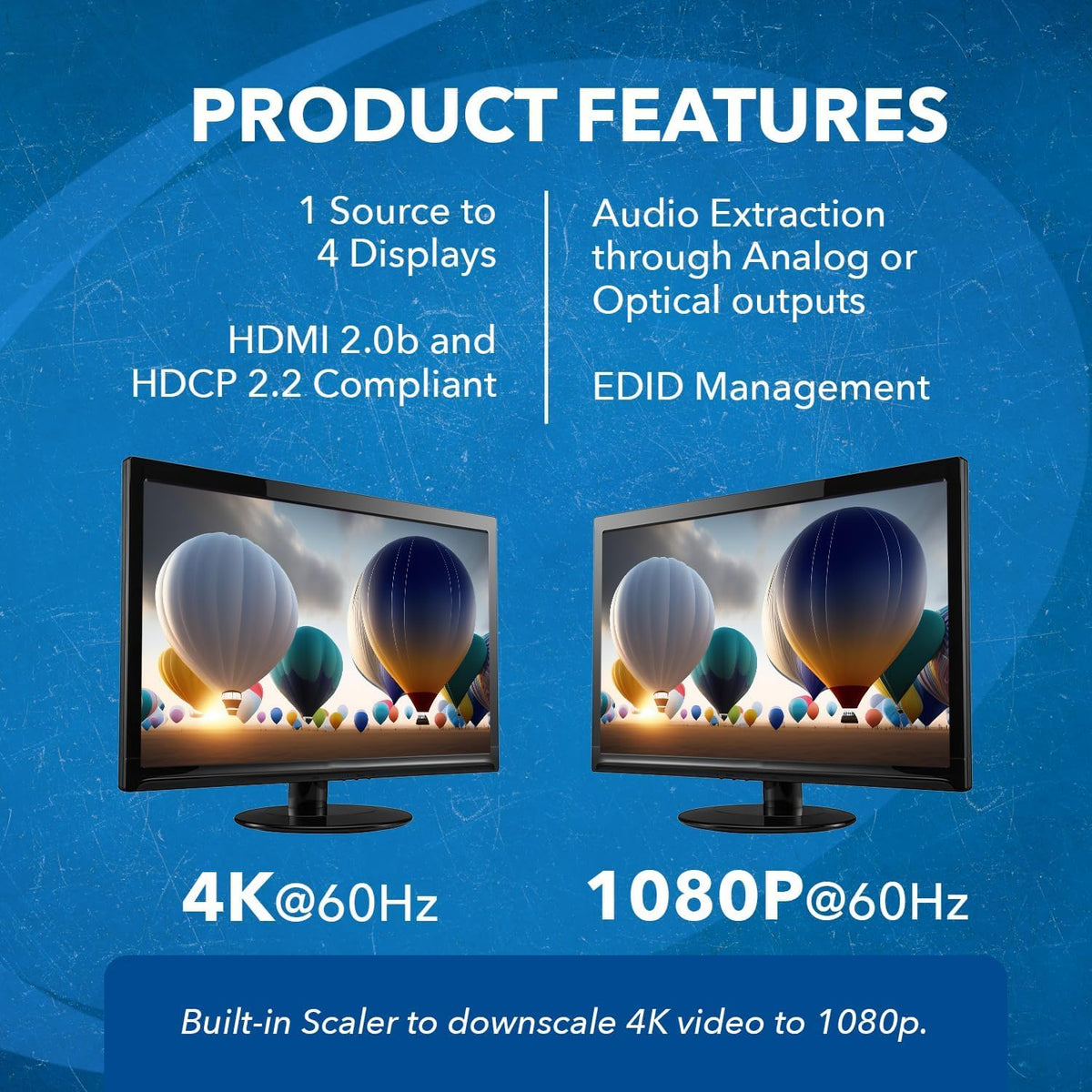 OREI feeding four TVs simultaneously to show multi-screen 4K distribution