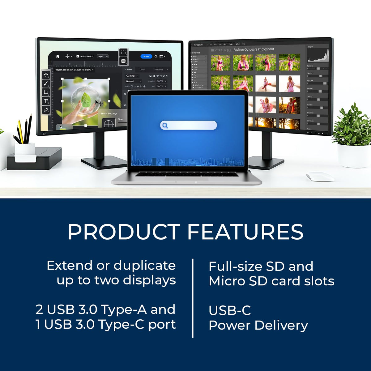 OREI SplitExtend dual-monitor setup on a modern desk for productivity.