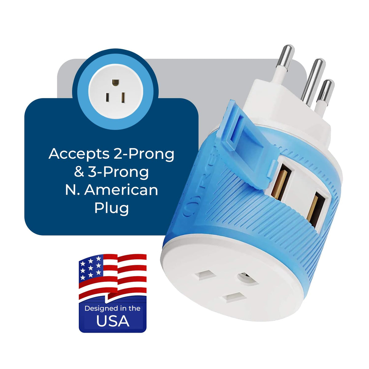 OREI three-input design supports standard US plugs for versatile use.