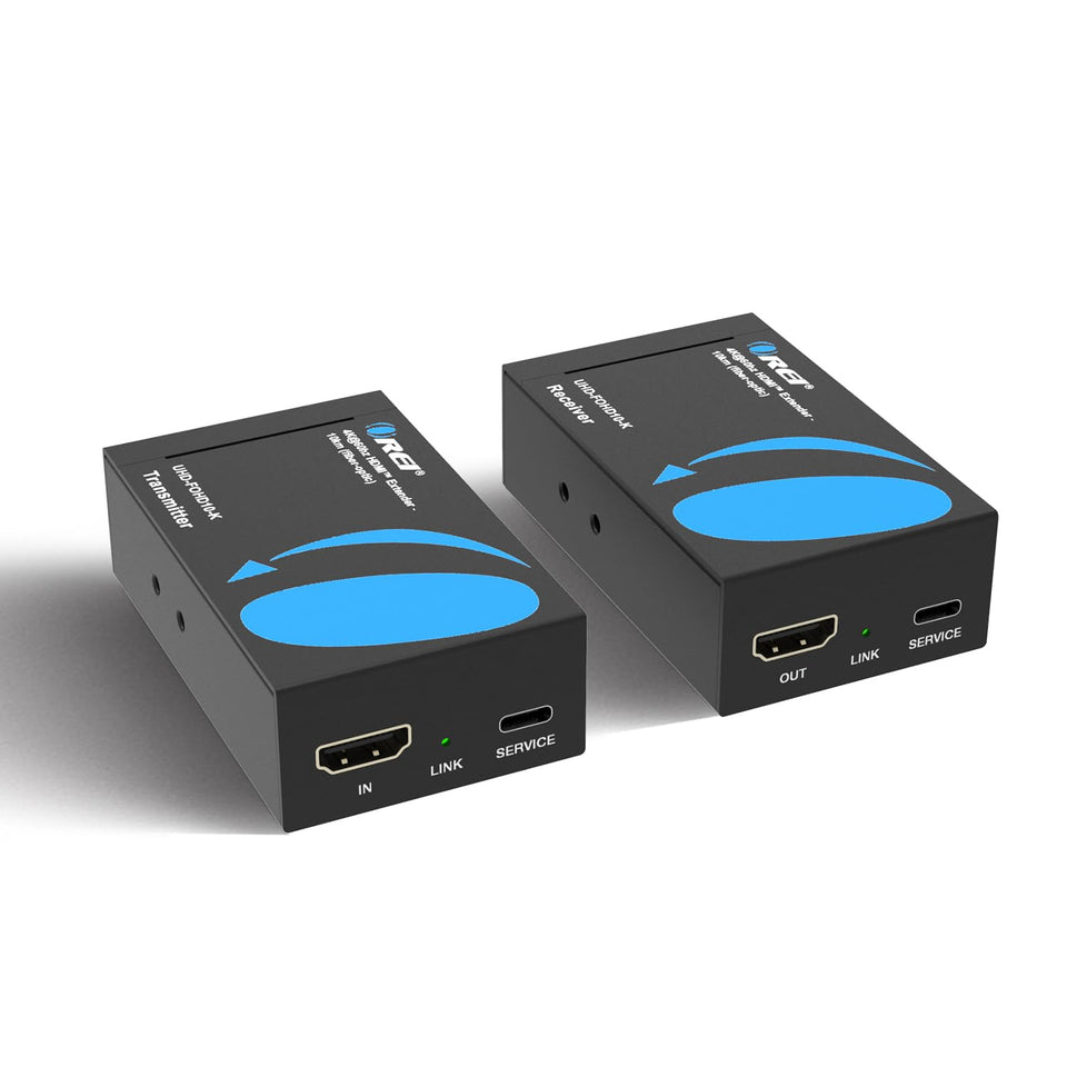 OREI transmitter unit close-up for ultra-long HDMI over fiber setup.