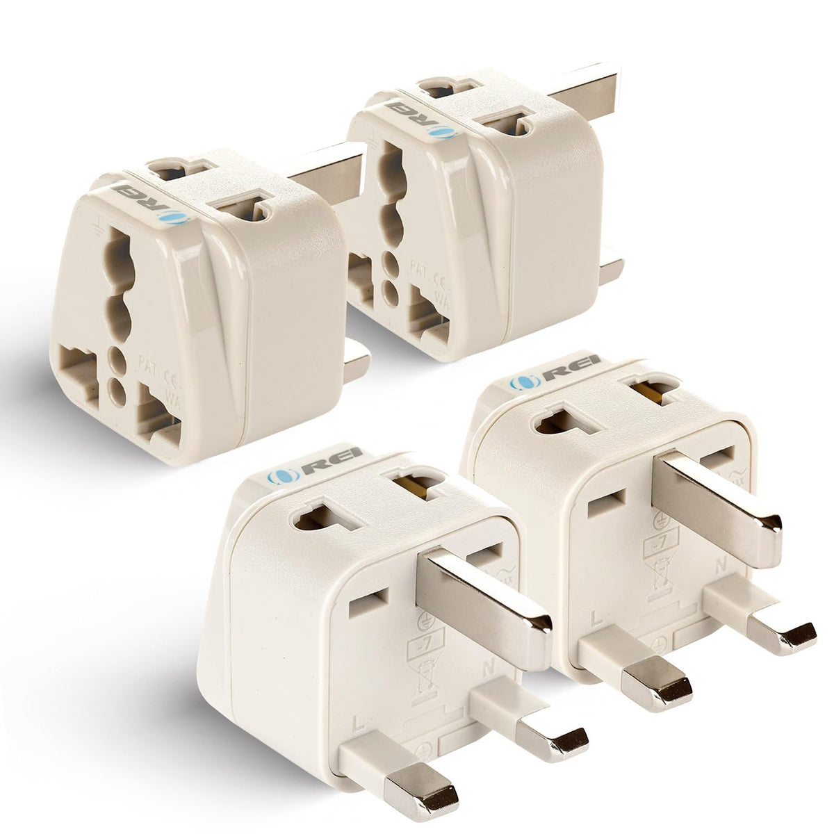 OREI travel adapter Type G front view shows compact 4-pack design for on-the-go charging
