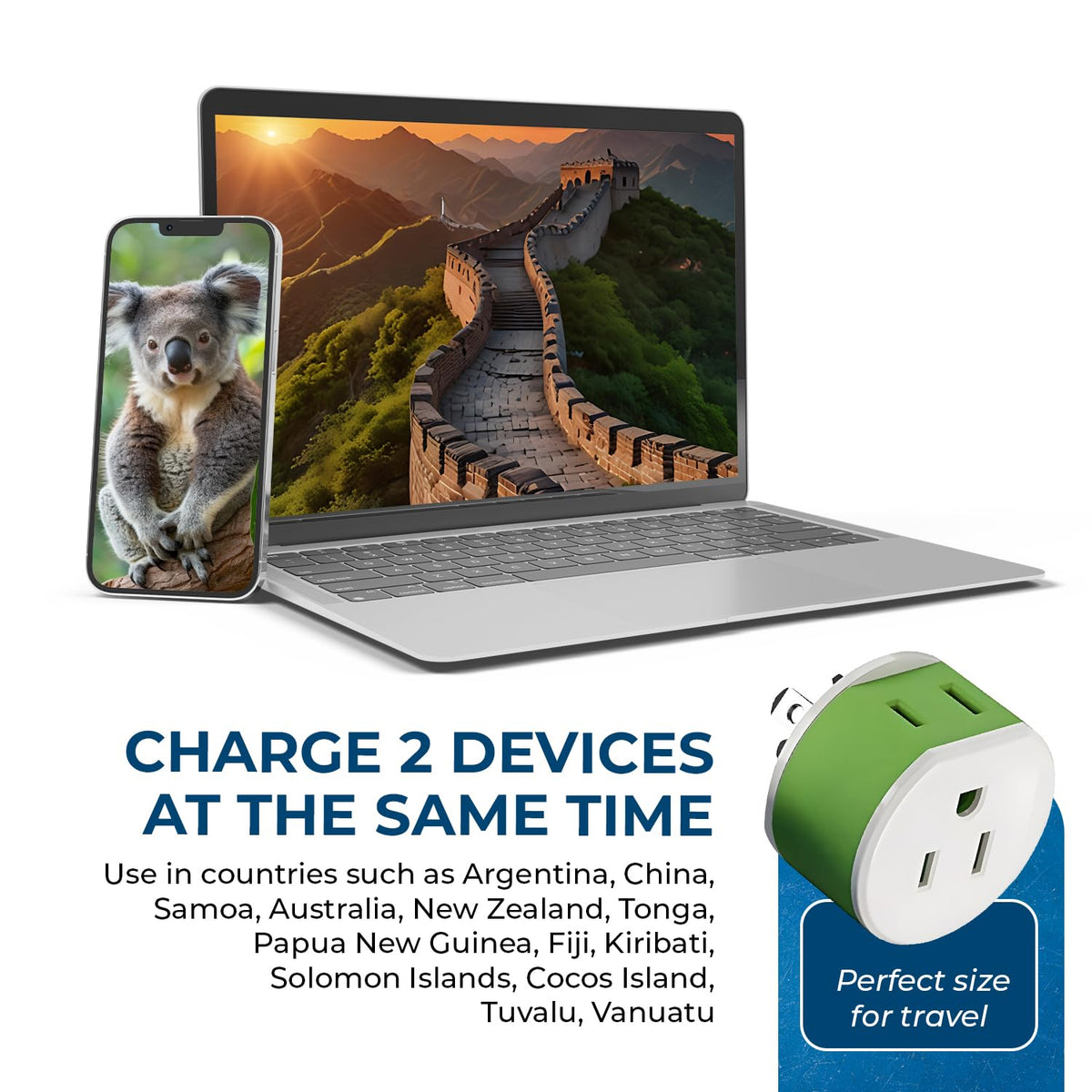 OREI Type I adapter in use with a smartphone charger while traveling