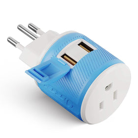 OREI Type J adapter with two USB ports for Swiss travel charging.