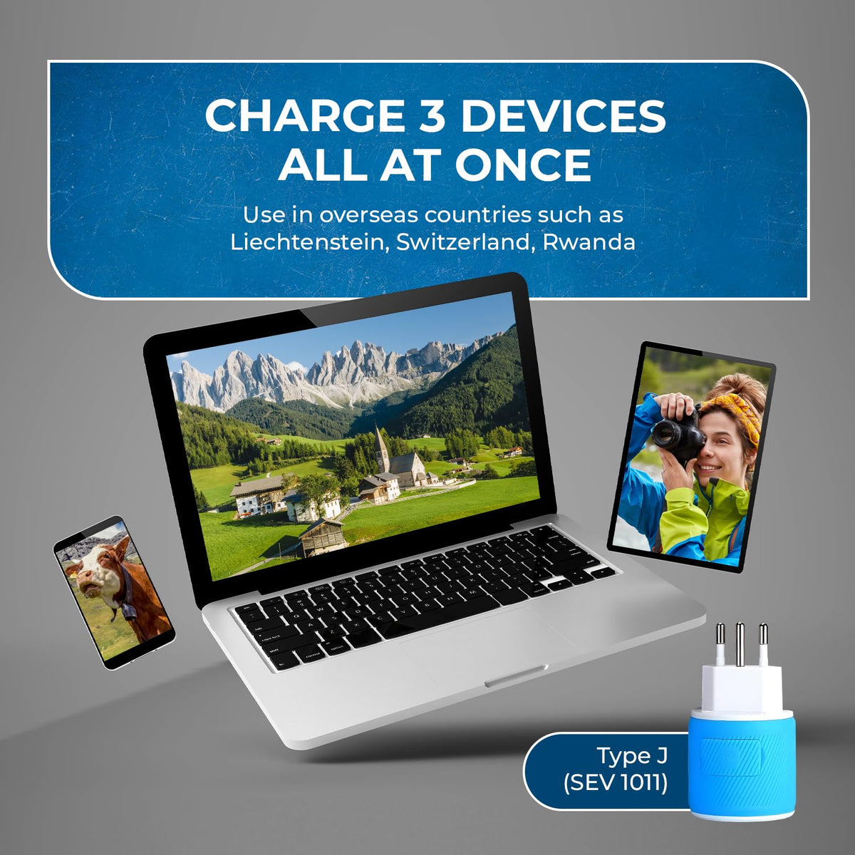Two USB ports on the OREI adapter charge phones and devices.