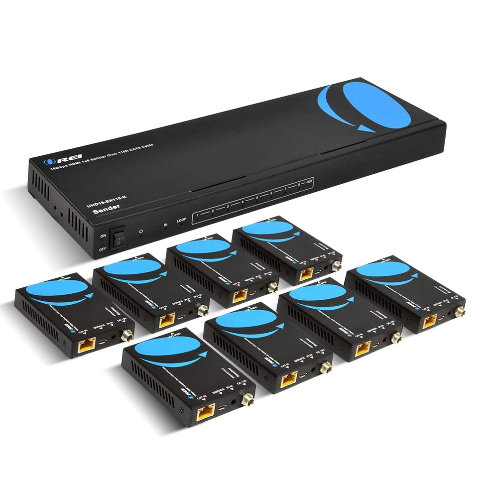 OREI UHD18-EX115-K transmitter front view powering eight 4K displays over CAT6
