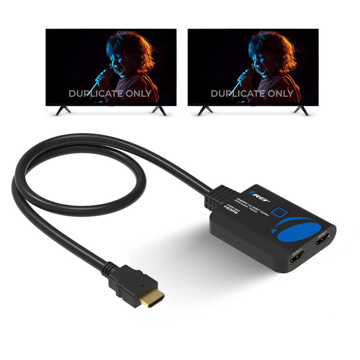 OREI UHDS-102C splitter front view duplicating signal to two displays