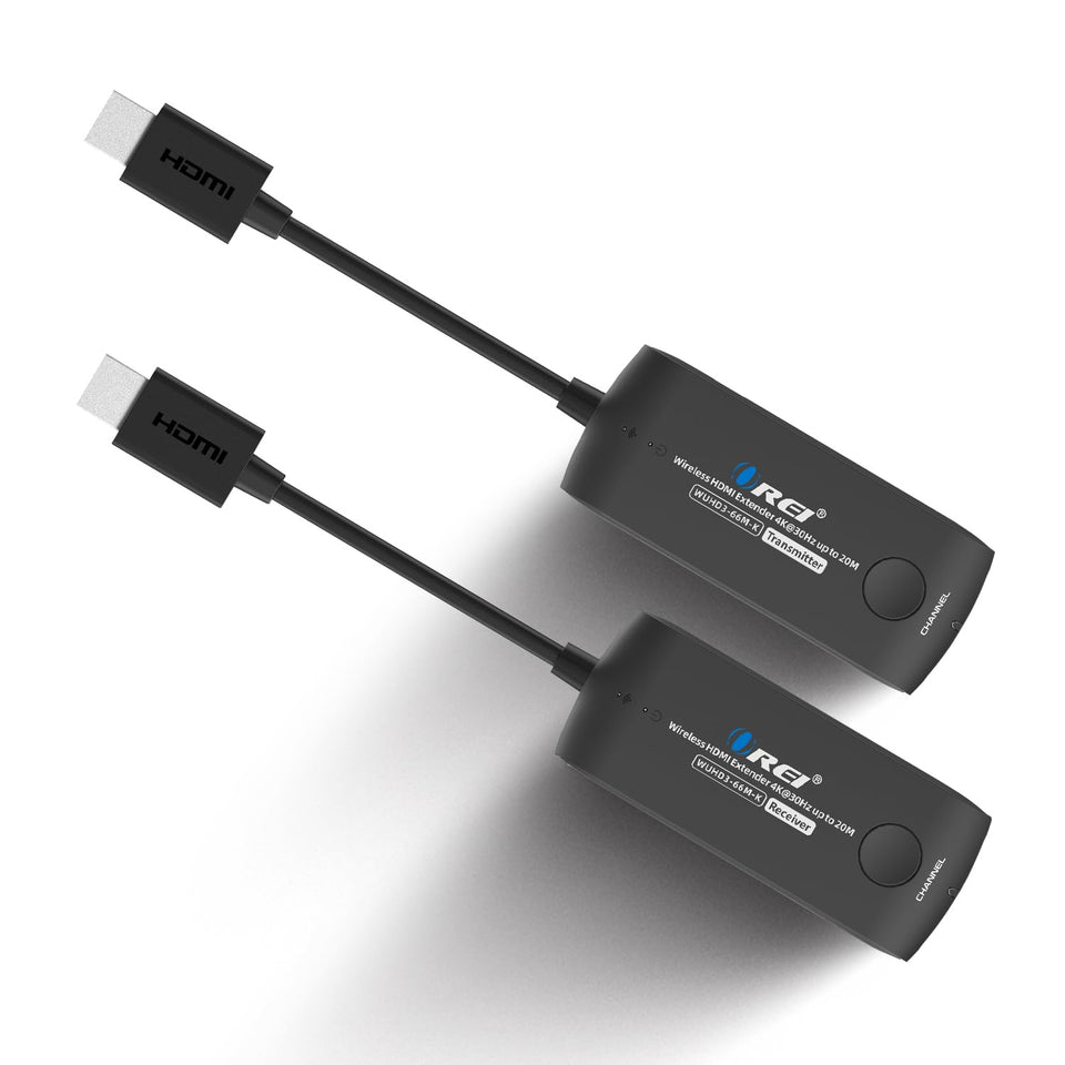 OREI wireless HDMI extender transmitter enabling 4K on a large screen.