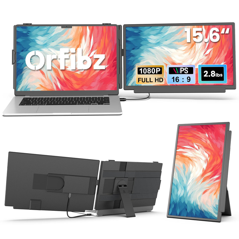 Orfibz 15.6-inch laptop screen extender in use on a desk for multitasking.