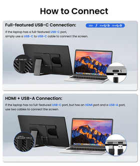 Orfibz portable monitor plug-and-play via USB-C or HDMI for easy setup.