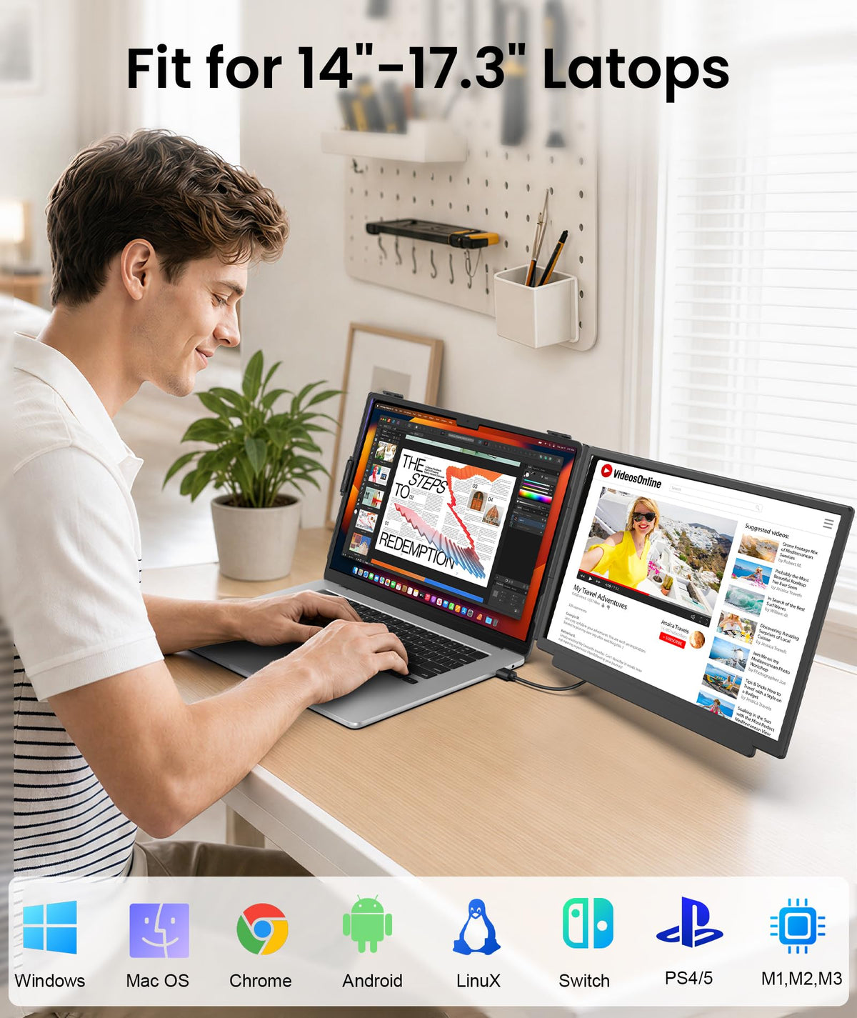 Orfibz travel-ready dual-screen setup supports meetings and notes.