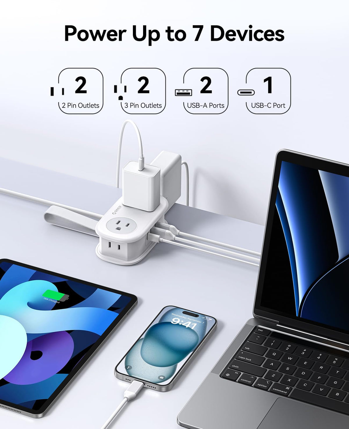 ORICO four-outlet layout with three USB ports for versatile charging