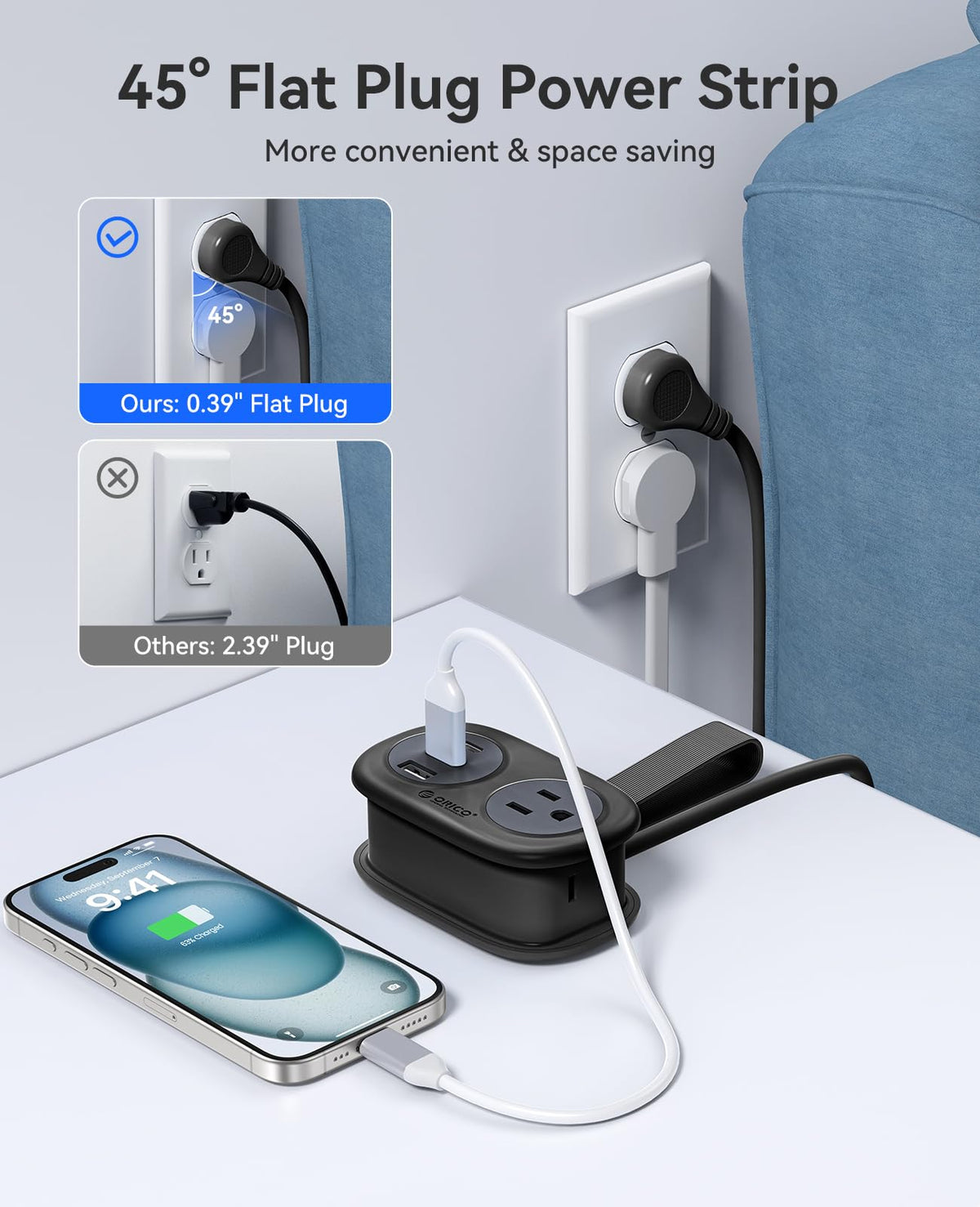 ORICO 45-degree flat plug fits behind beds and furniture.