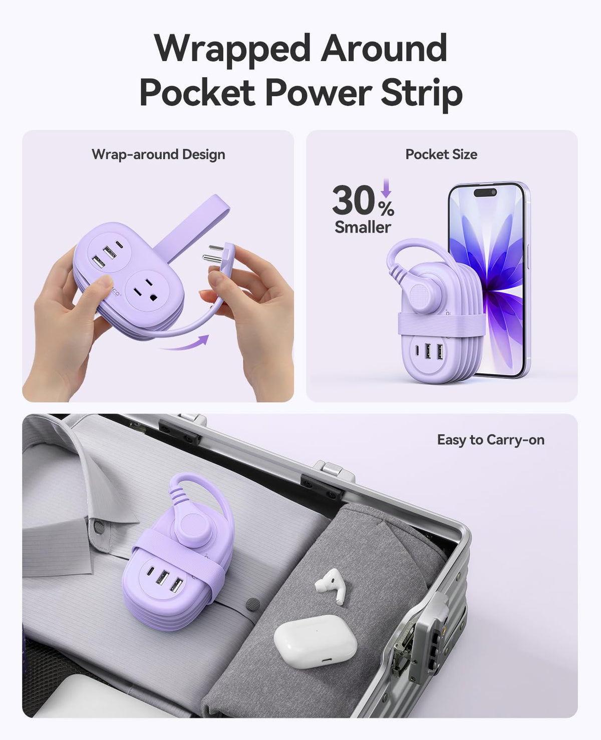 Compact 5-in-1 design with 2 outlets, 2 USB-A, and 1 USB-C
