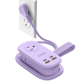 ORICO 65W GaN travel power strip front view showing ports and outlets for fast charging