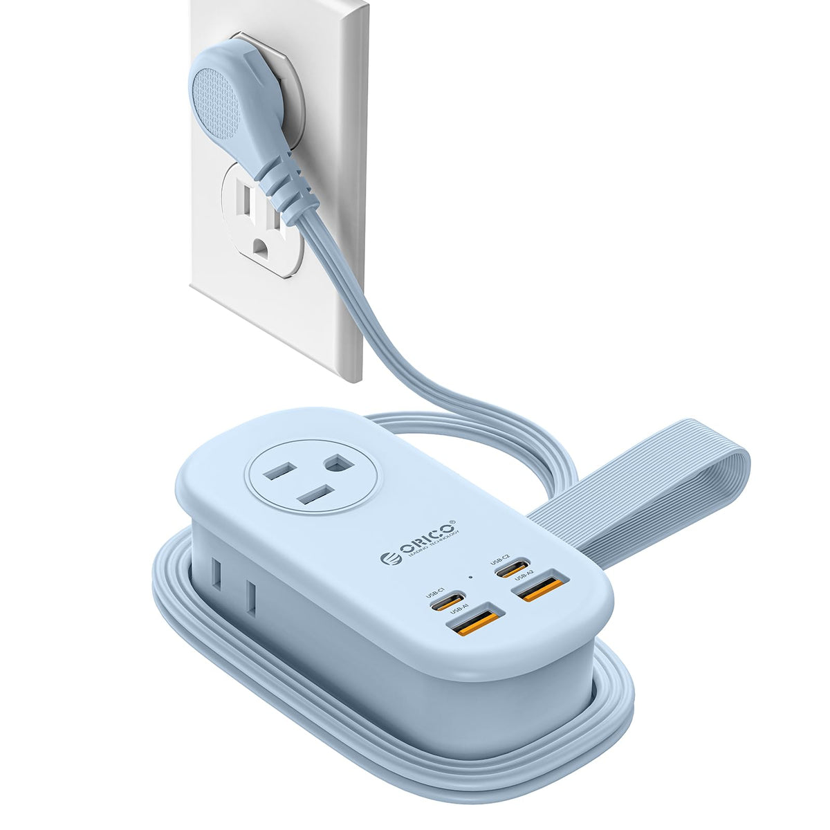 ORICO front view showing three AC and five USB ports for versatile charging