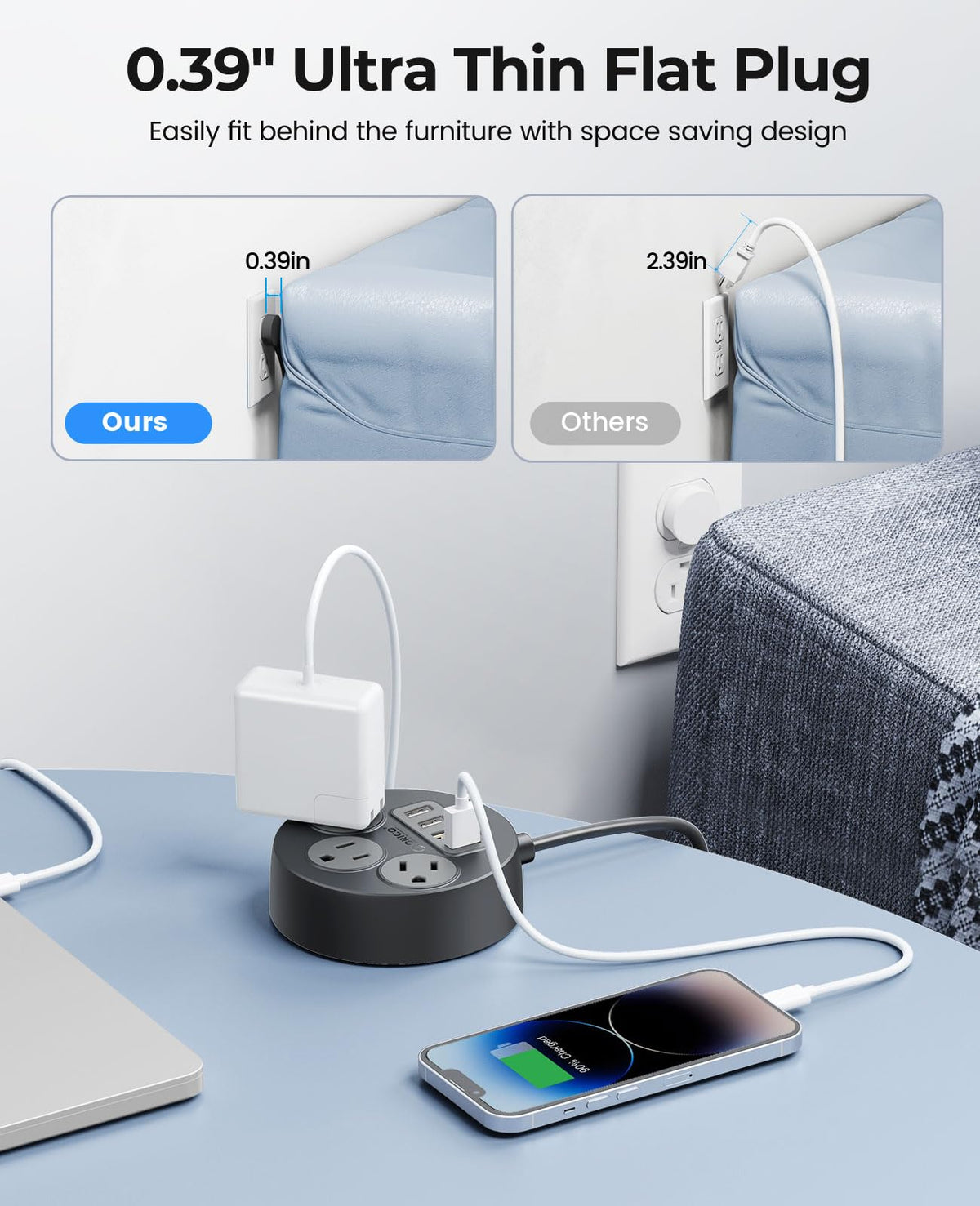 ORICO top-down view of AC outlets and four USB-A ports for simultaneous charging