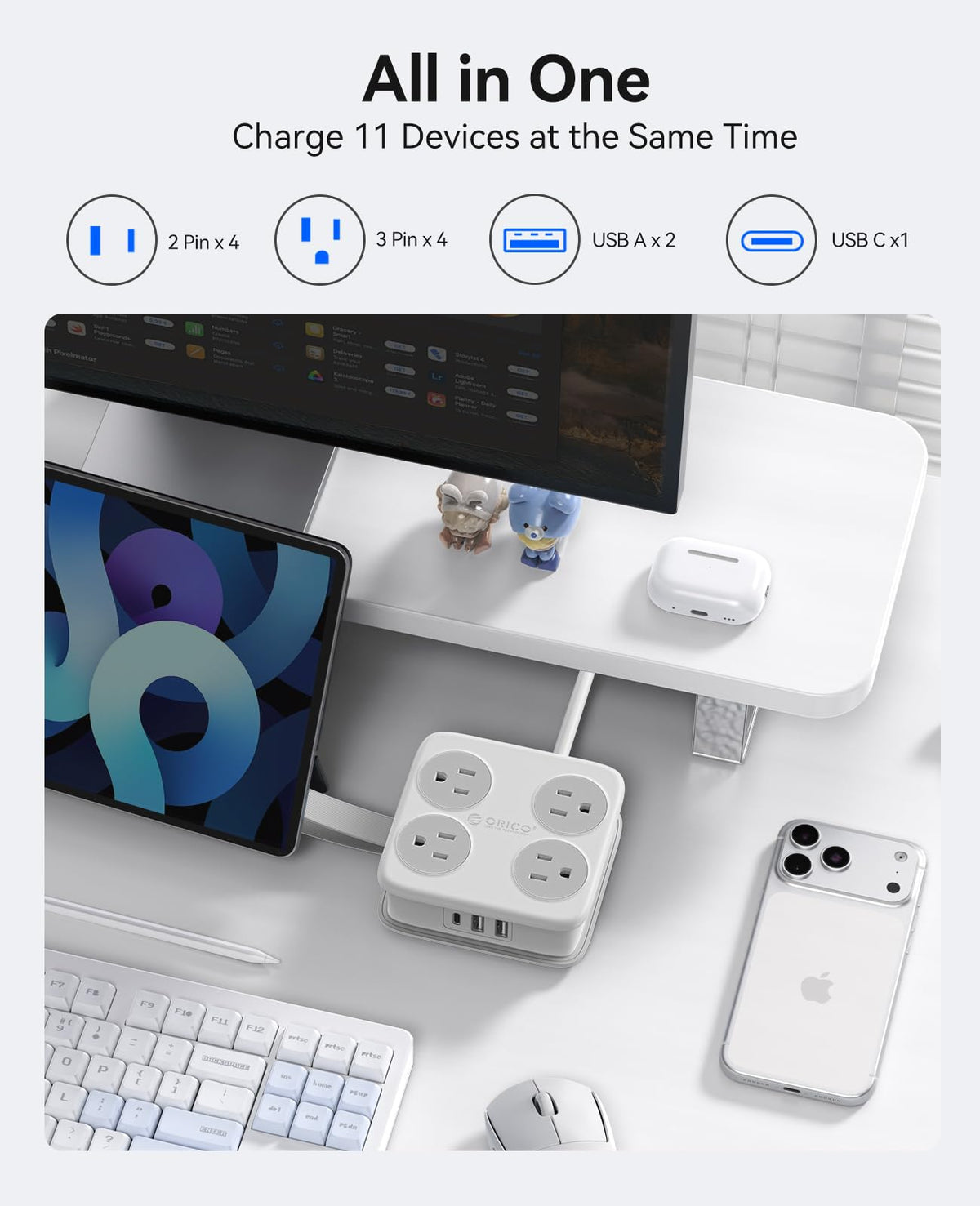 ORICO AP3 PRO desk setup showing a clutter-free workspace and accessible outlets.