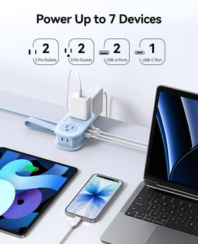 ORICO blue travel strip shows flat 45-degree plug for saving space in tight rooms