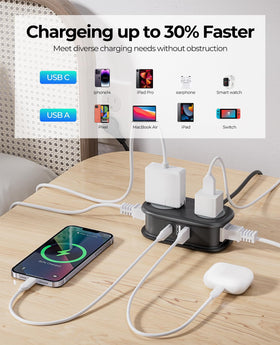 ORICO compact travel power strip with a 4ft wrapped extension cord.