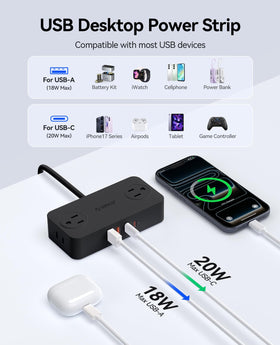 ORICO CPR20 8-in-1 outlet with USB-C and USB-A on desk.
