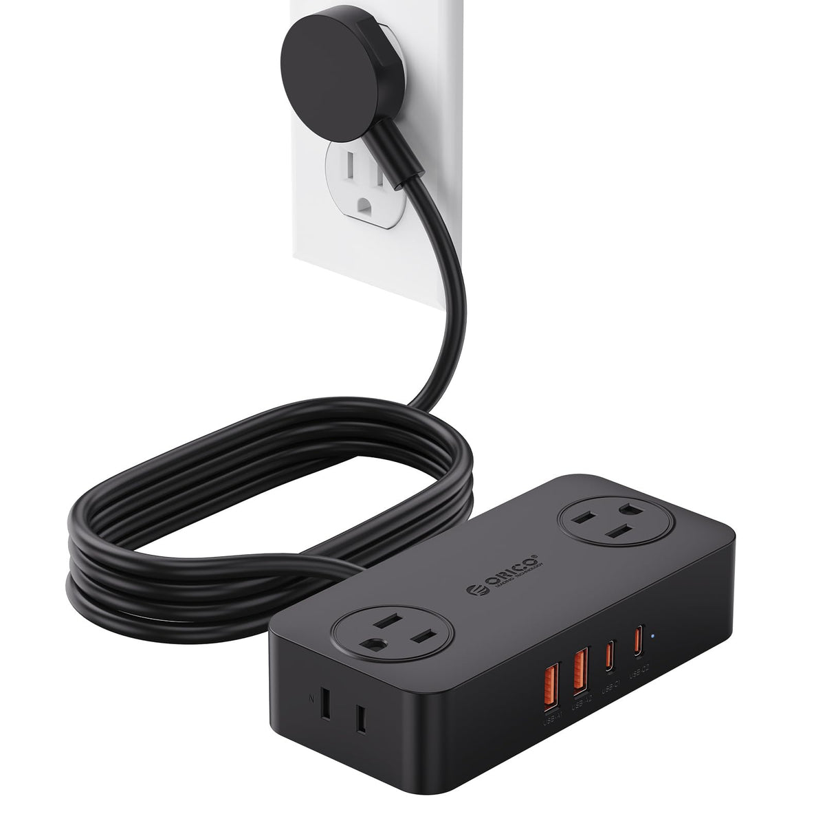 ORICO CPR20 power strip with USB-C ports keeps desk devices charged.