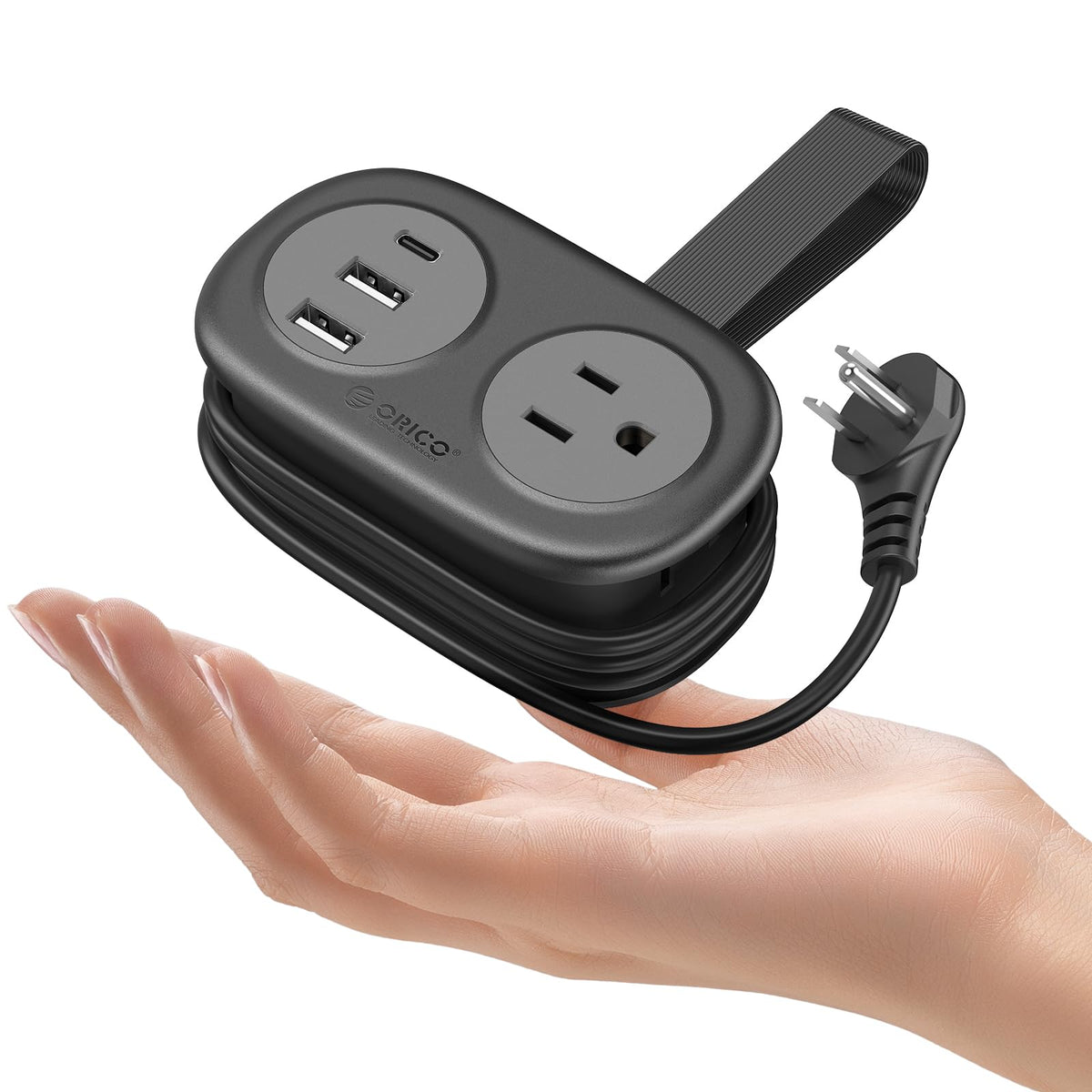 ORICO Cruise-Approved Power Strip front view for compact travel and easy docking.