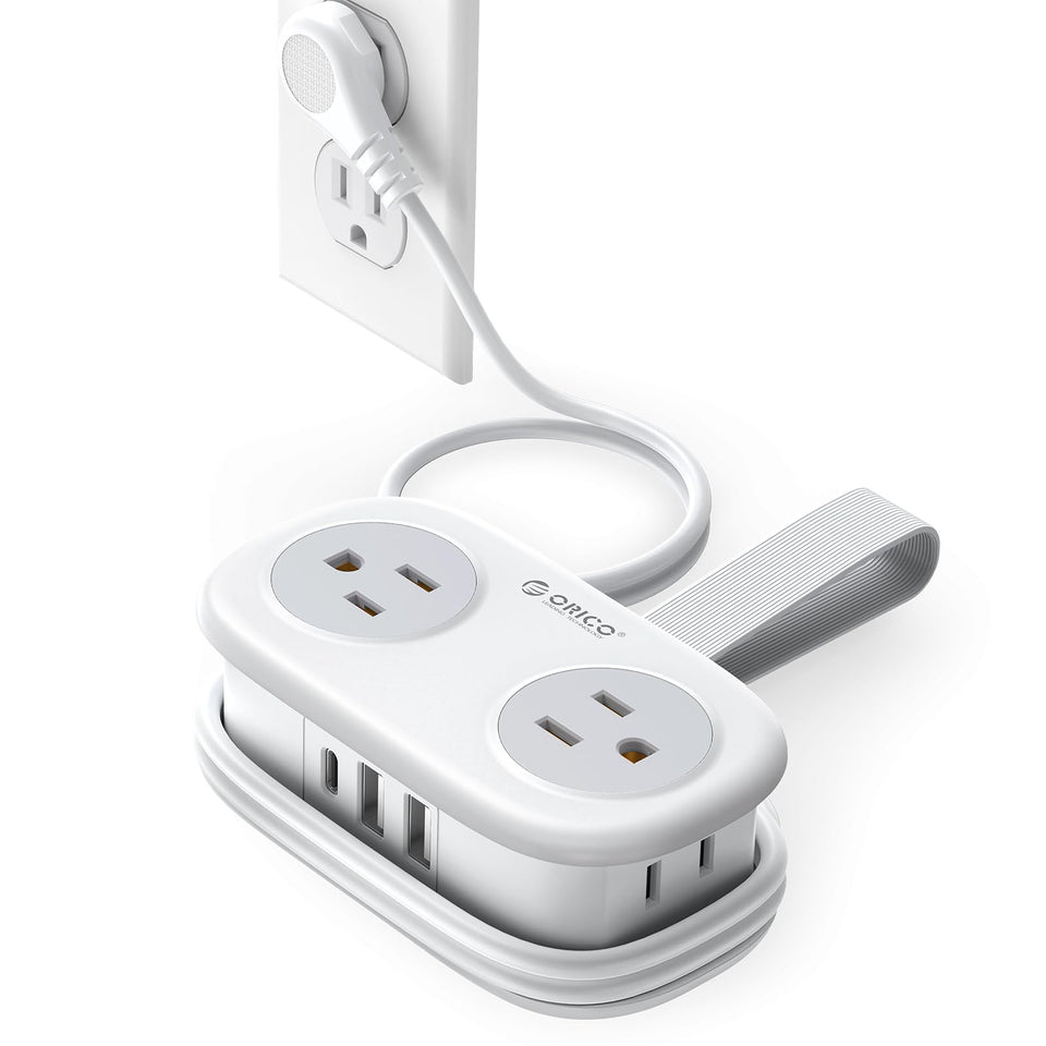 ORICO cruise-approved travel power strip with four outlets and three USB ports for hotel use
