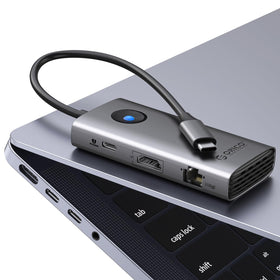 ORICO docking station front view showing all ports and compact form for easy travel