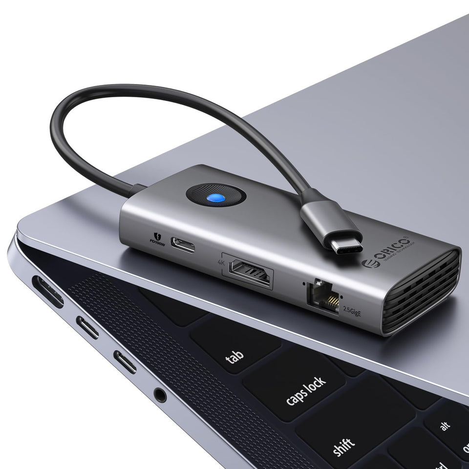 ORICO docking station front view showing all ports and compact form for easy travel