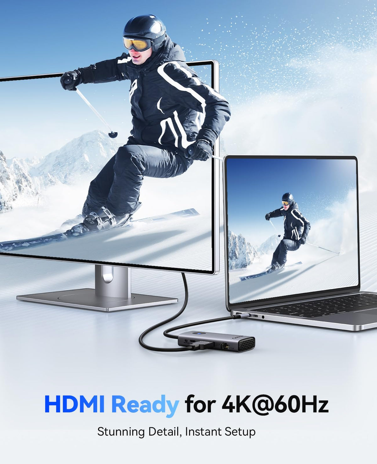 ORICO dock connected to a 4K monitor demonstrating crisp external-display output