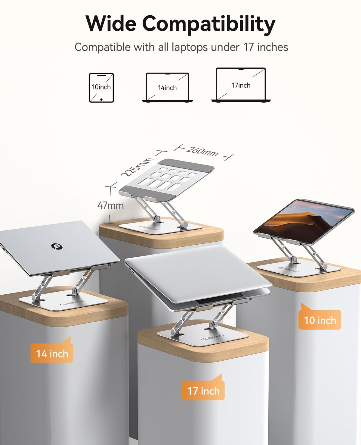 ORICO ergonomic stand with widened base provides stable support for 17-inch laptops
