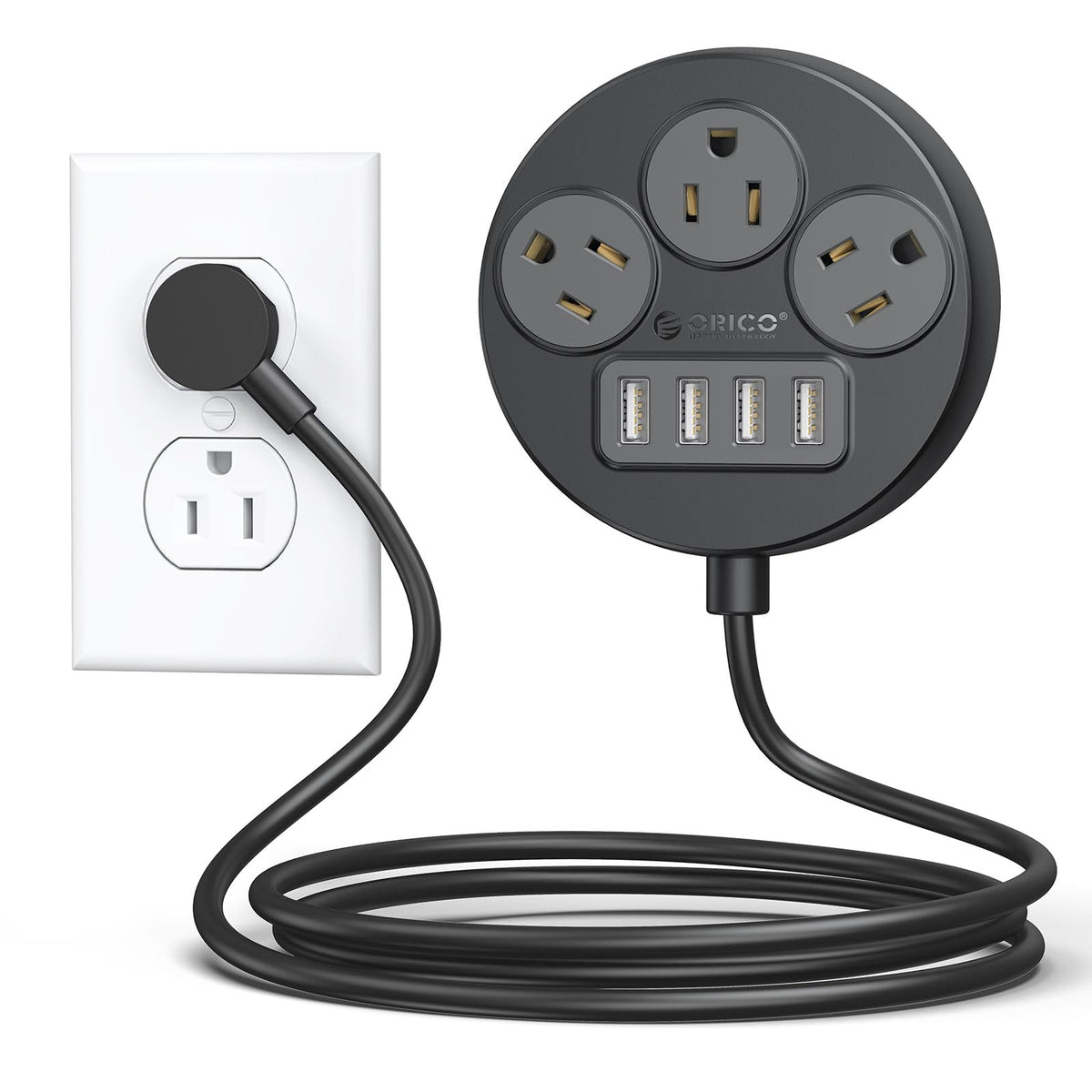 ORICO front view of the compact power strip showing outlets and USB ports for easy charging