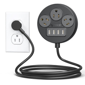 ORICO front view of the compact power strip showing outlets and USB ports for easy charging