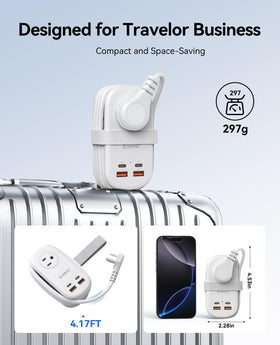 ORICO charging MacBook in hotel room highlighting fast 65W USB-C benefit