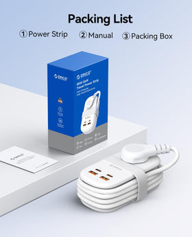 ORICO on nightstand with flat plug showing space-saving convenience and neat cable management
