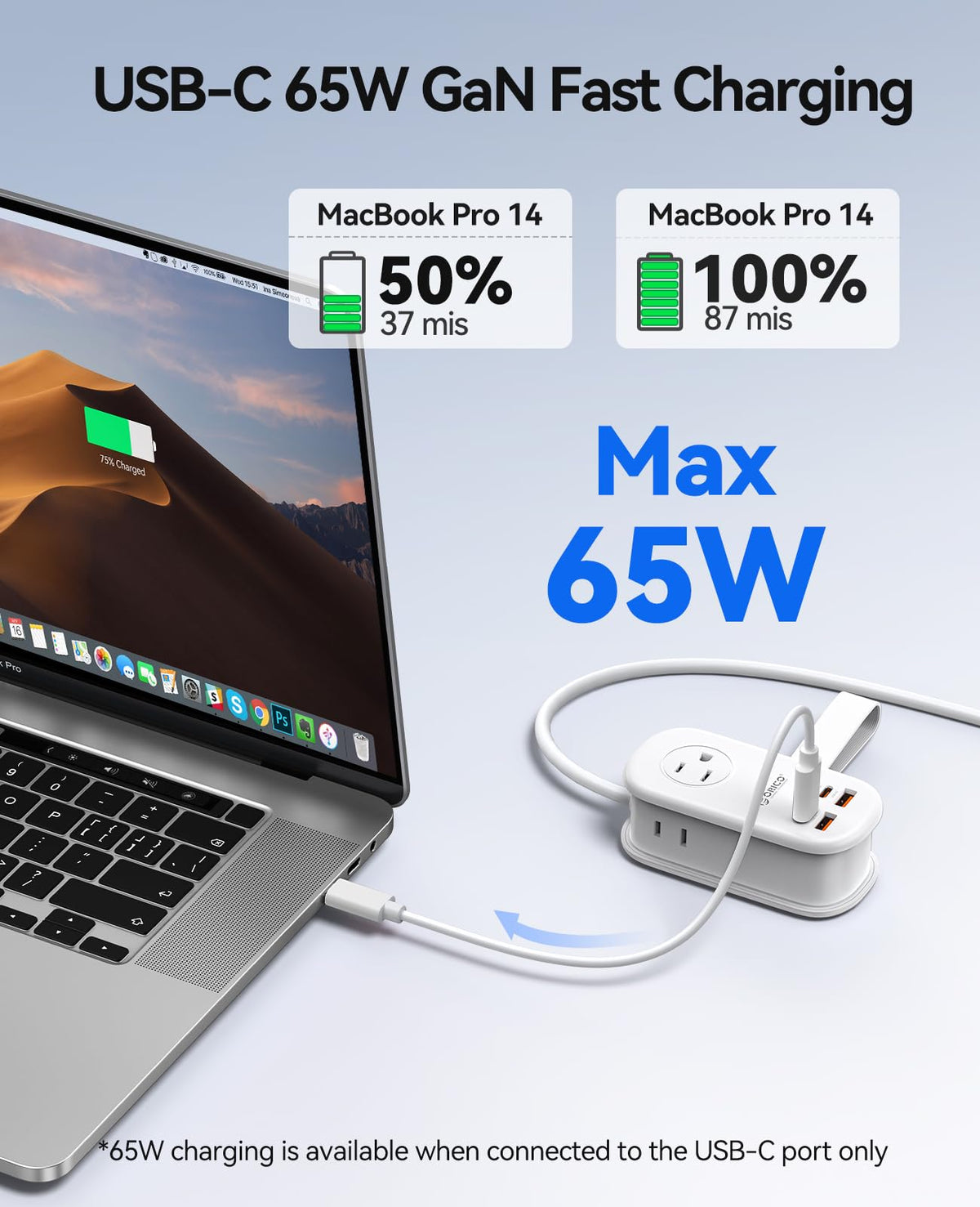 ORICO top-down showing three AC outlets two USB-A and two USB-C for versatility