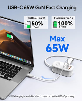 ORICO top-down showing three AC outlets two USB-A and two USB-C for versatility