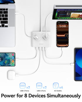 ORICO Power Brick 4 AC outlets power multiple devices at once.