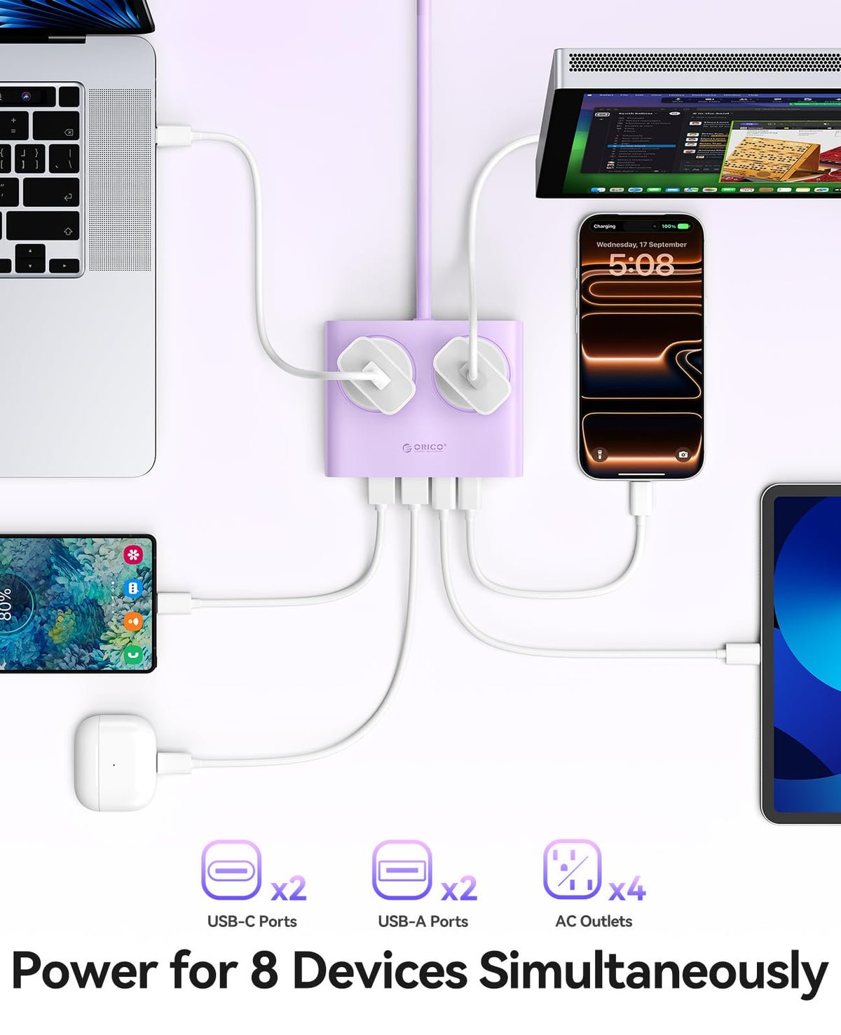 ORICO Power Brick with 4 AC outlets keeps devices powered in small living spaces.